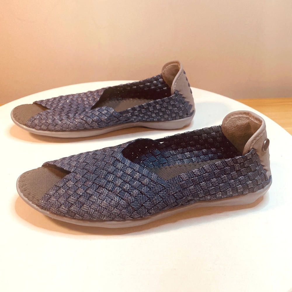 Bernie Mev Peep Toe Shoes Womens 36 5.5-6 Blue Woven Flats Slip On Comfort